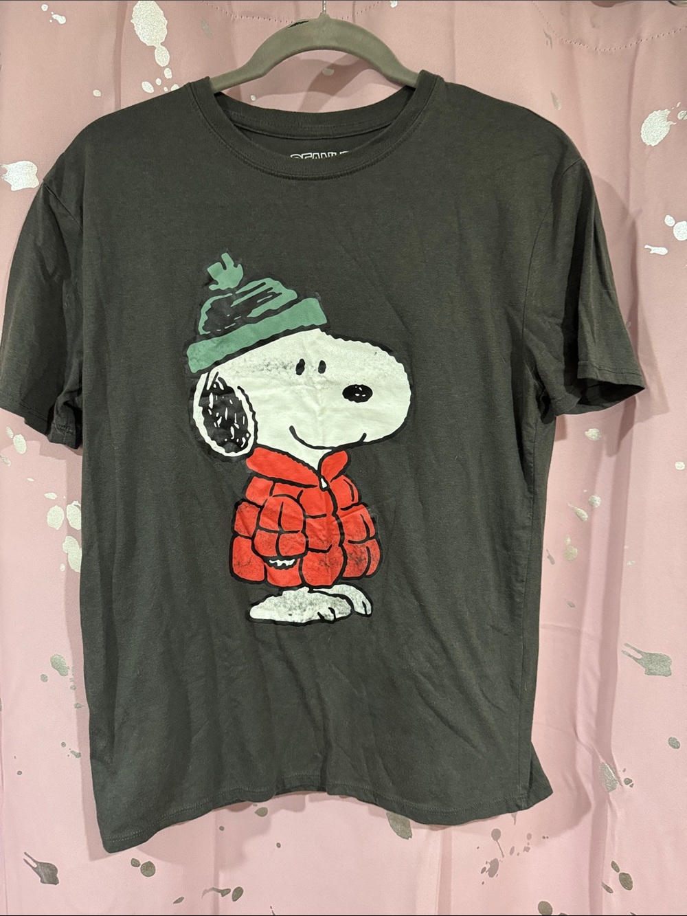 Peanuts Black Tee with White Logo and Mint Graphic